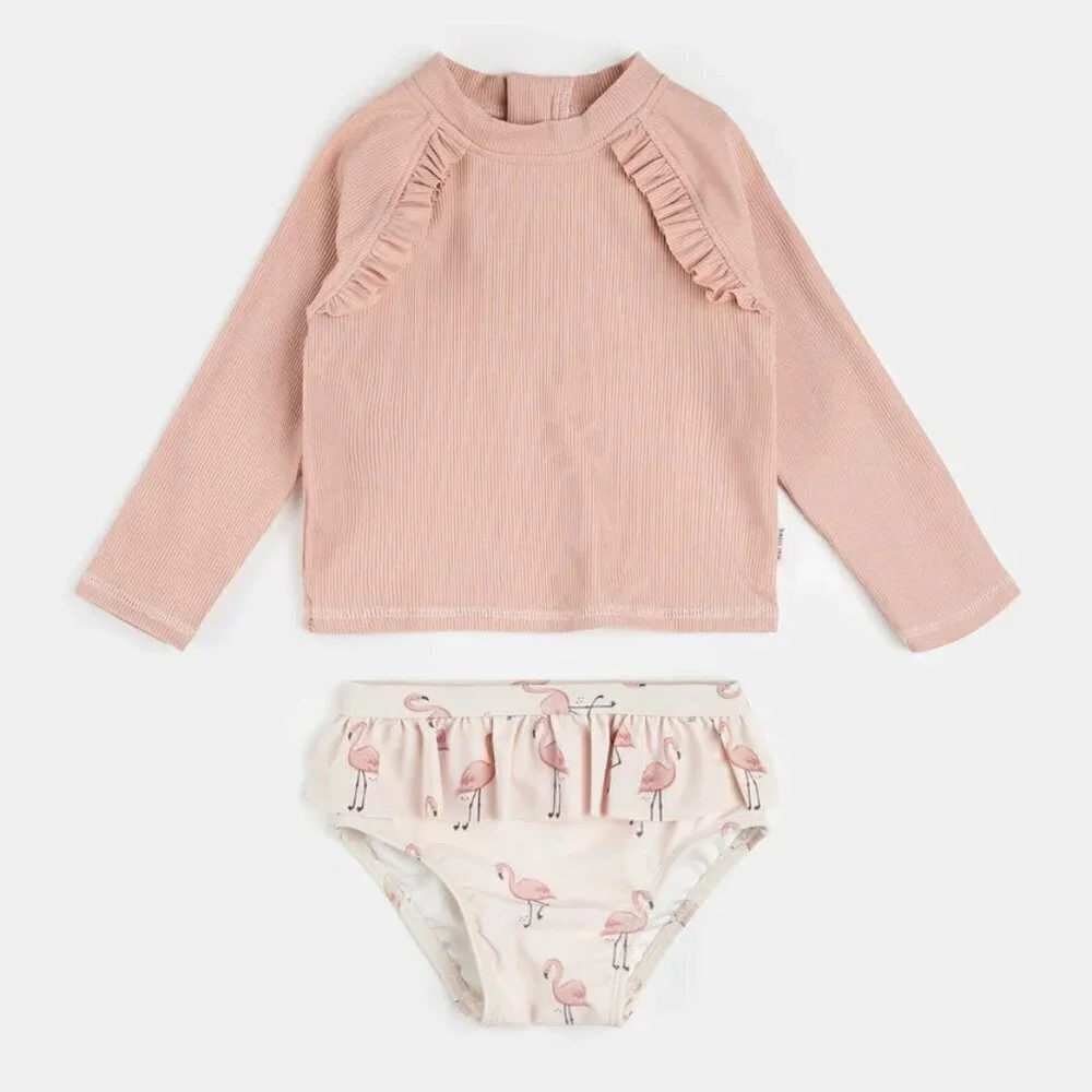 PETIT LEM Ribbed Long-Sleeve Rose Quartz & Flamingos Rashguard Set Size 2